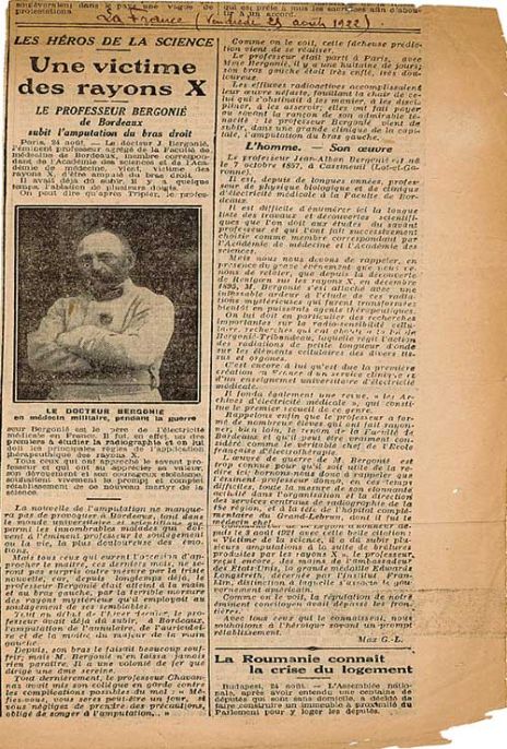 Article paru le vendredi 25 août 1922, qualifiant le docteur Bergonié de «héros de la science» après l'amputation de son bras droit rendue nécessaire par l'utilisation des rayons X dans ses recherches.