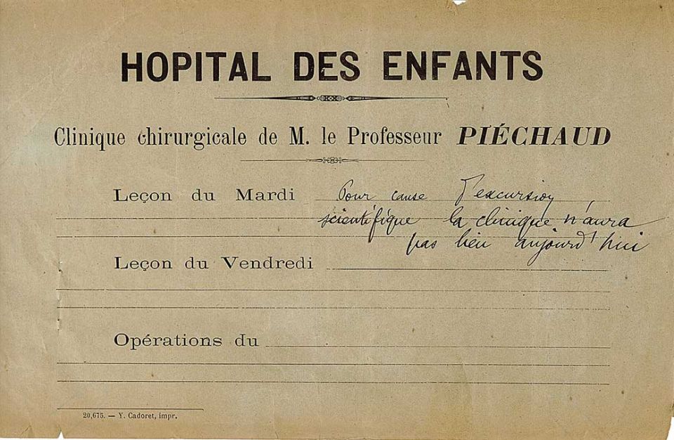 Coupon écrit par le professeur Layet pour signaler à la clinique chirurgicale du professeur Piéchaud une excursion scientifique 