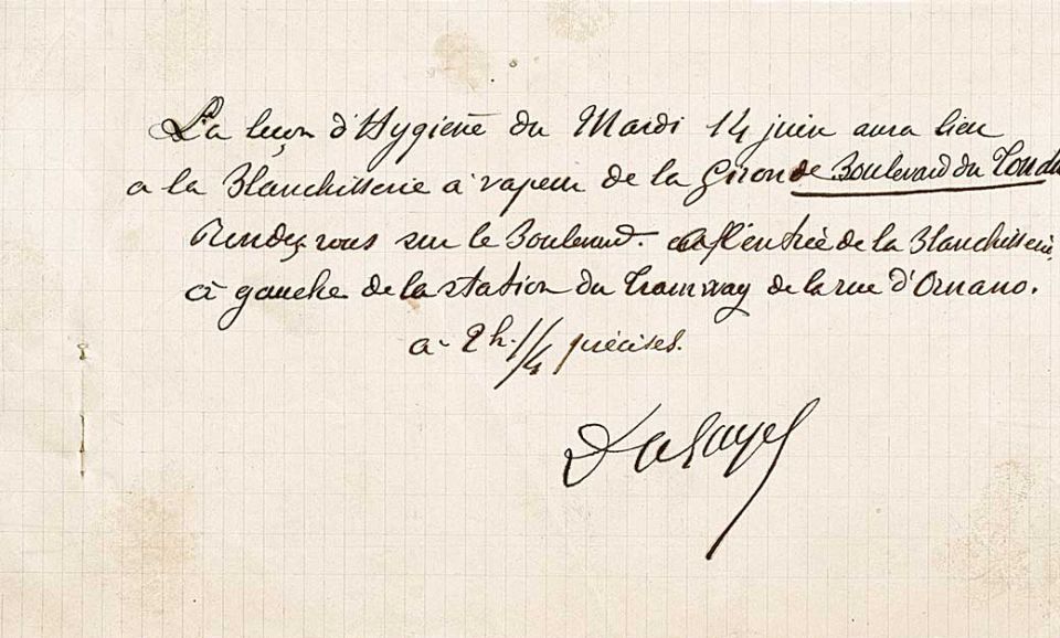 Note du professeur Layet donnant rendez-vous à ces élèves dans une blanchisserie pour leur permettre d'observer l'action de la vapeur.